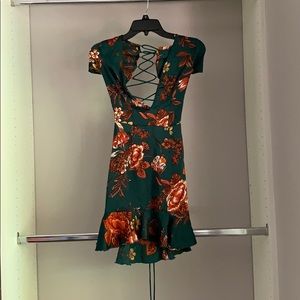 PLT lace up back green mini dress
